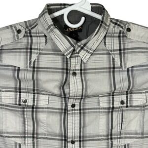 Helix Mens Plaid Long Sleeve Button Down Shirt Size L Gray Black White Casual